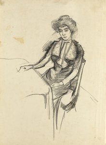 テーブルに座っている女性、1900年頃（紙に黒いチョーク） 作： Albert de Belleroche